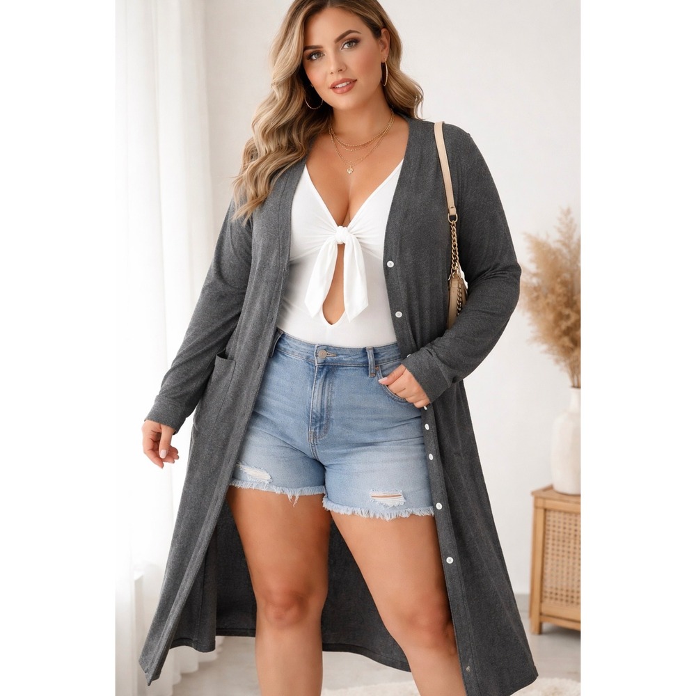 Gray Heathered Duster Cardigan Long Sleeve Button Front Plus Size 2XL‎